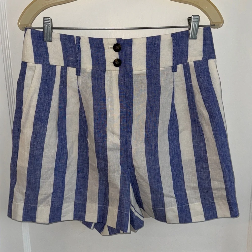 BODEN high waist blue and white striped pleated linen shorts 4 " inseam sz 8 NWT - Picture 2 of 8